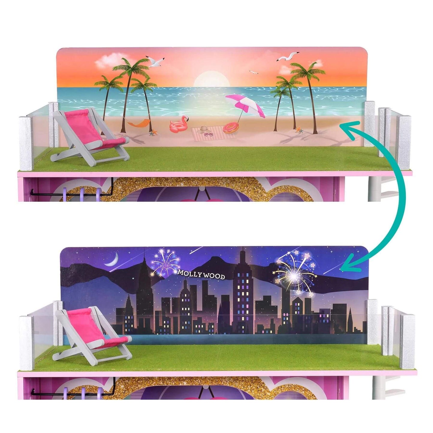 Detail of Olivia's Little World Kids Wooden Dreamland Sunset 3-Level Dollhouse Set