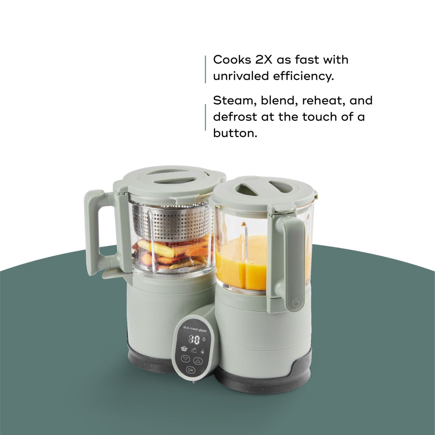 Babymoov Duo Meal Glass Pro Baby Food Maker with text highlighting its efficiency and features on a green background