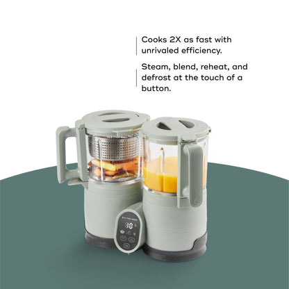 Babymoov Duo Meal Glass Pro Baby Food Maker with text highlighting its efficiency and features on a green background