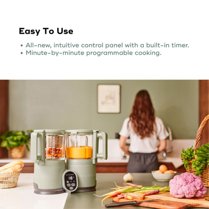 Kitchen scene with Babymoov Duo Meal Glass Pro Baby Food Maker and vegetables, featuring text about its ease of use.