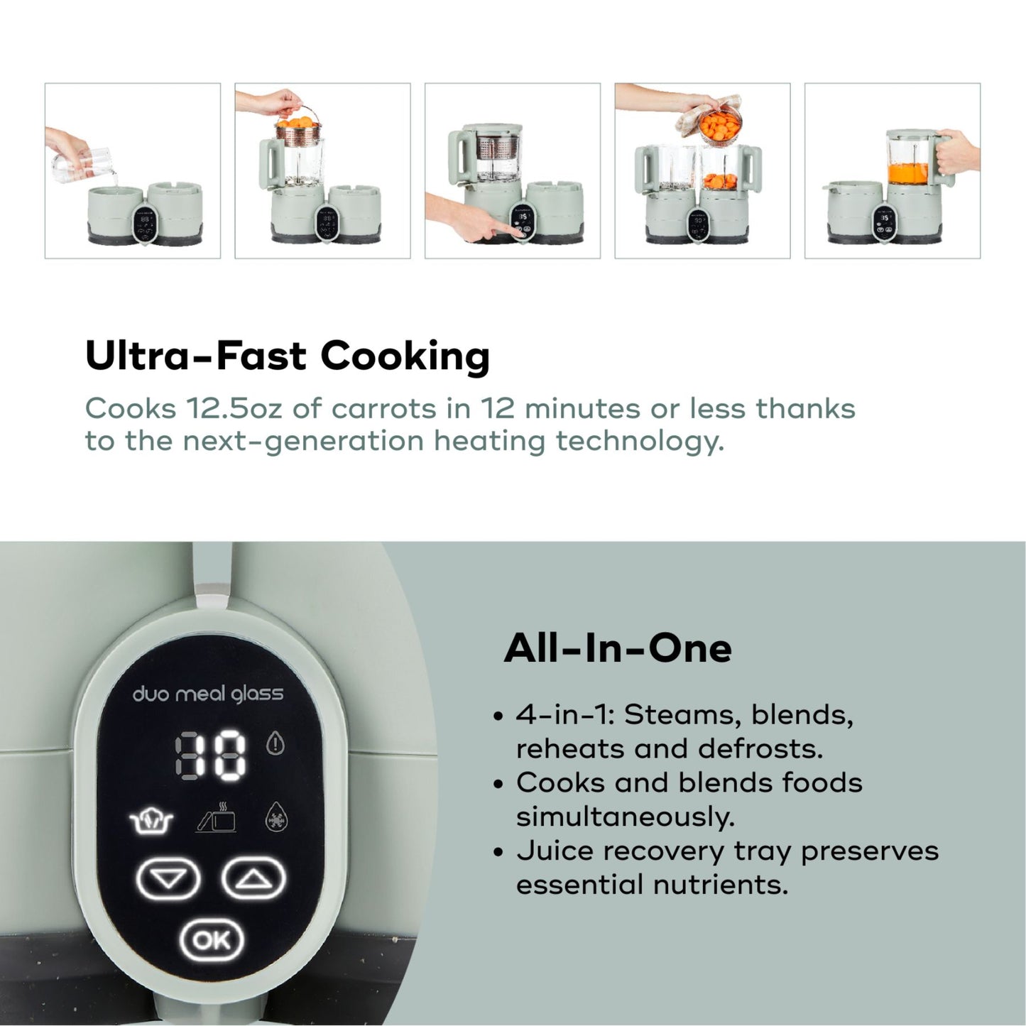 Babymoov Duo Meal Glass Pro Baby Food Maker with text highlighting ultra-fast cooking and all-in-one functionality.