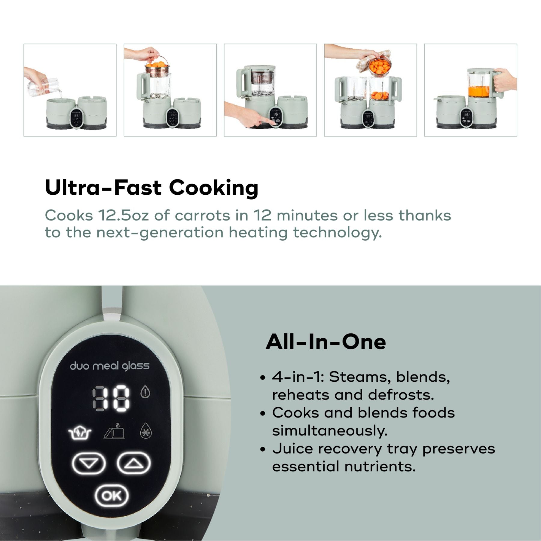 Babymoov Duo Meal Glass Pro Baby Food Maker with text highlighting ultra-fast cooking and all-in-one functionality.