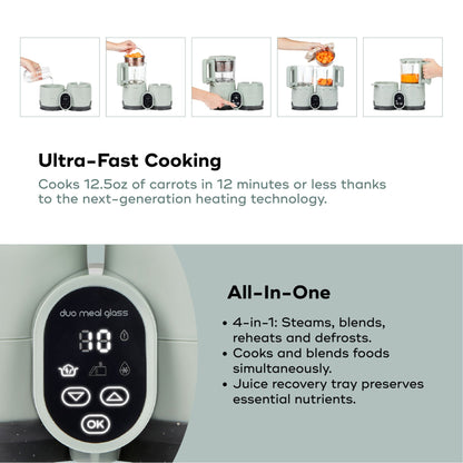 Babymoov Duo Meal Glass Pro Baby Food Maker with text highlighting ultra-fast cooking and all-in-one functionality.