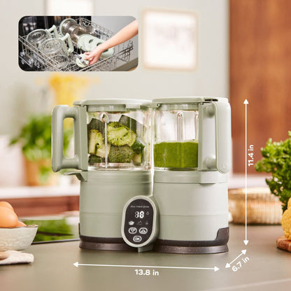 Babymoov Duo Meal Glass Pro Baby Food Maker with green smoothie and vegetables on a kitchen counter, with inset showing dishwashing.