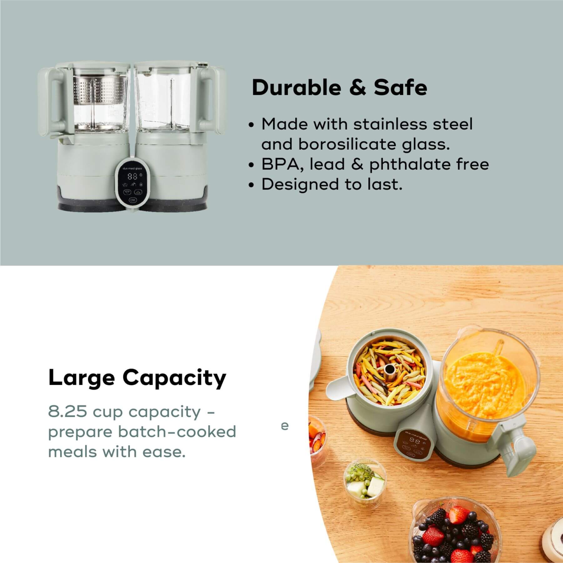 Babymoov Duo Meal Glass Pro Baby Food Maker with text highlighting durability, safety, and capacity on a light gray background.