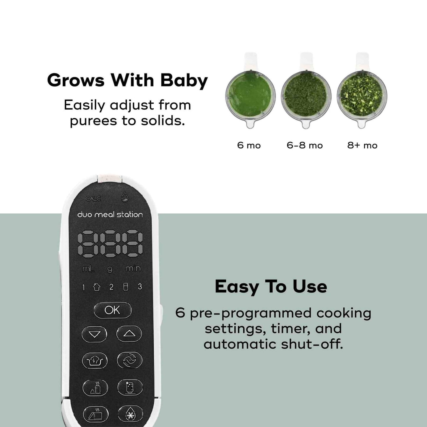 Control panel of a duo meal station with text indicating its features and uses for baby food preparation.