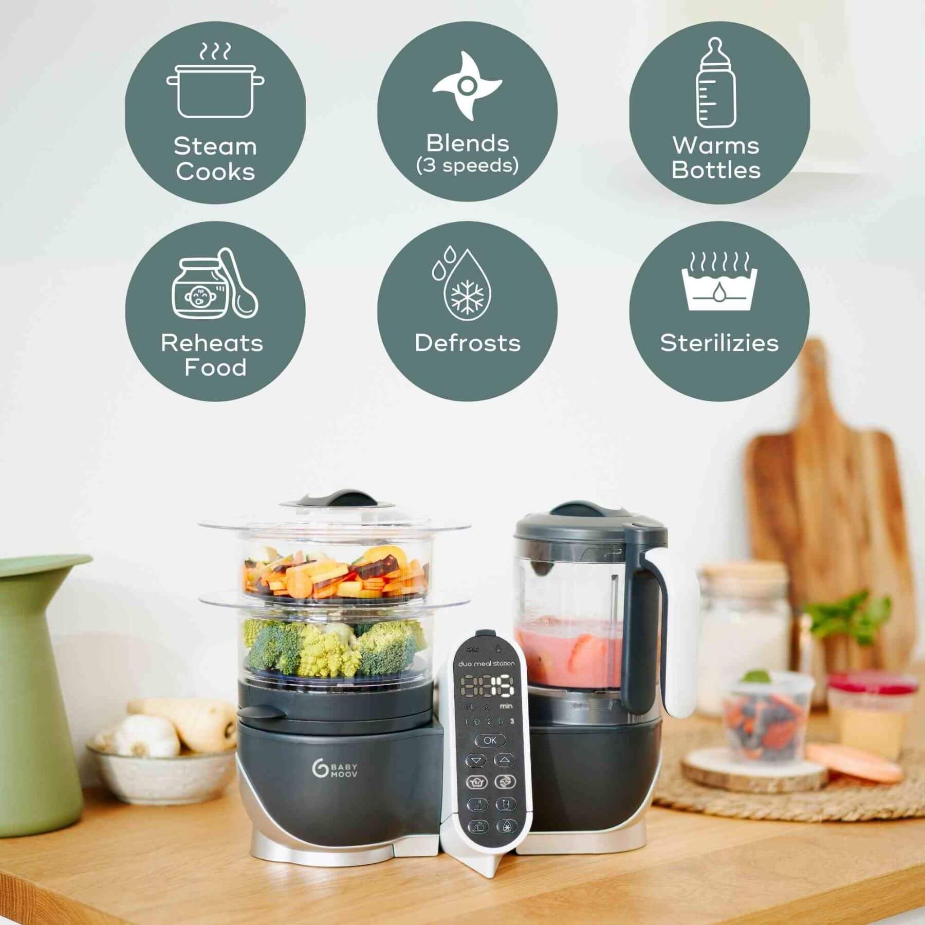 Babymoov Duo Meal Station Baby Food Maker with various icons indicating its features on a kitchen counter.