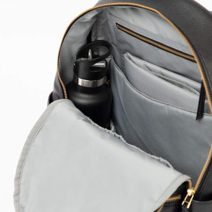 Black backpack with a water bottle inside on a white background