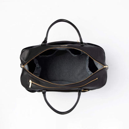 Ebony Classic Weekender with gold zippers on a white background