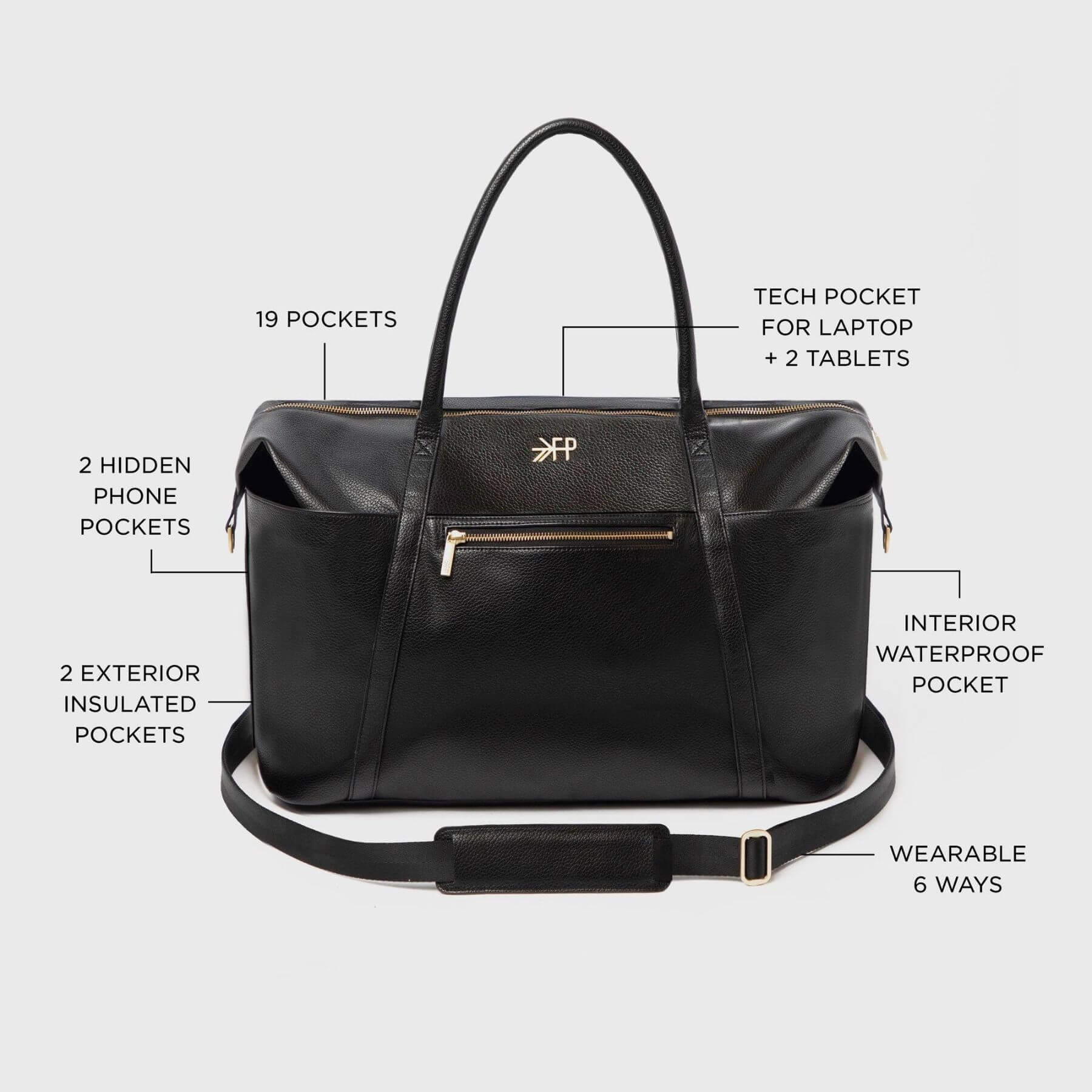 Ebony Classic Weekender with features labeled on a white background