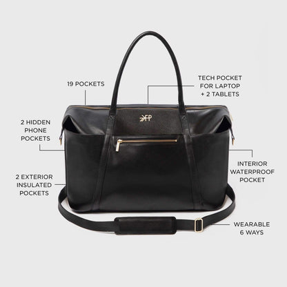 Ebony Classic Weekender with features labeled on a white background