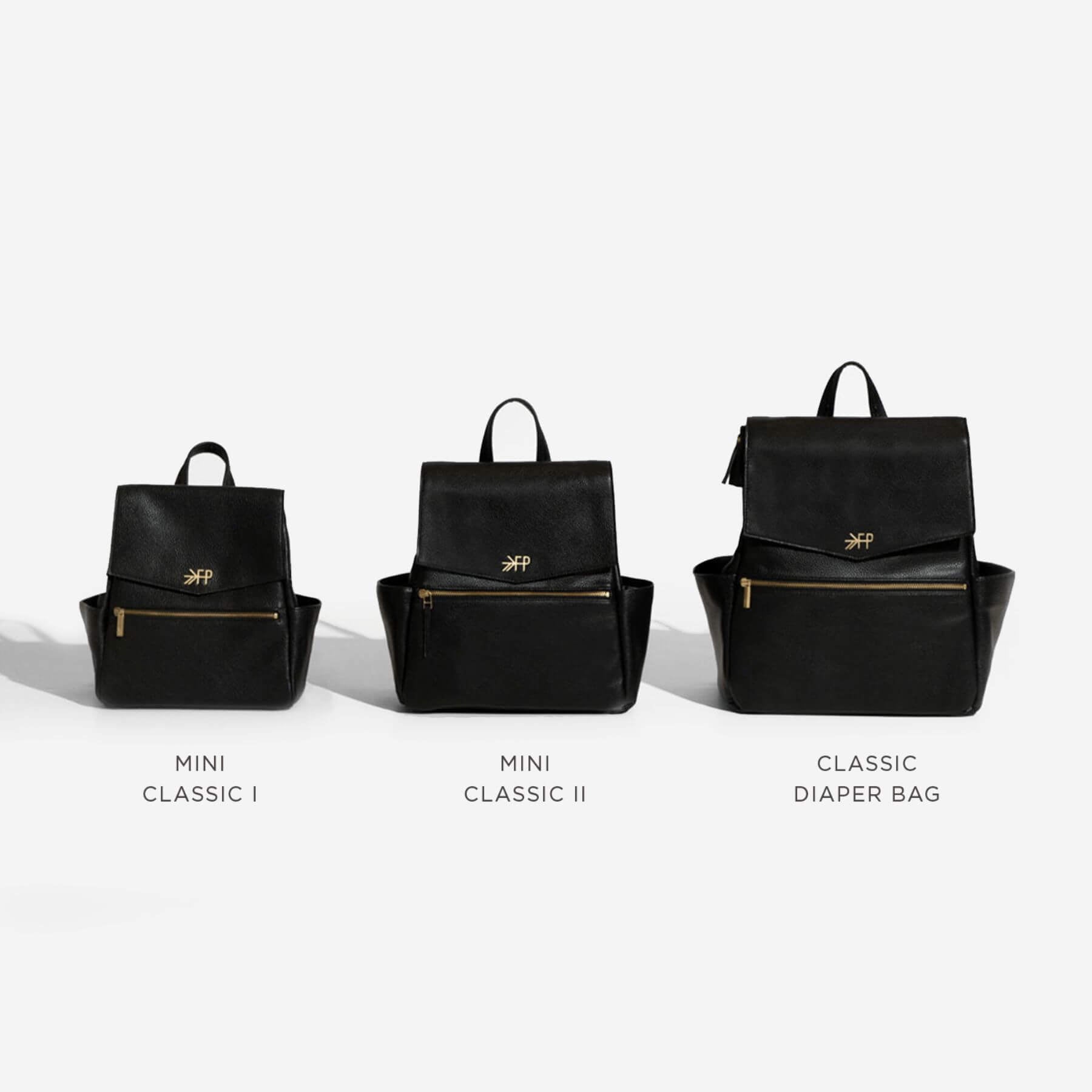 Three black diaper bags labeled 'Mini Classic I', 'Mini Classic II', and 'Classic Diaper Bag'.