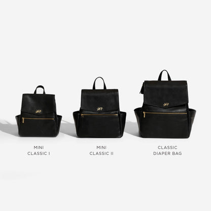 Three black diaper bags labeled 'Mini Classic I', 'Mini Classic II', and 'Classic Diaper Bag'.