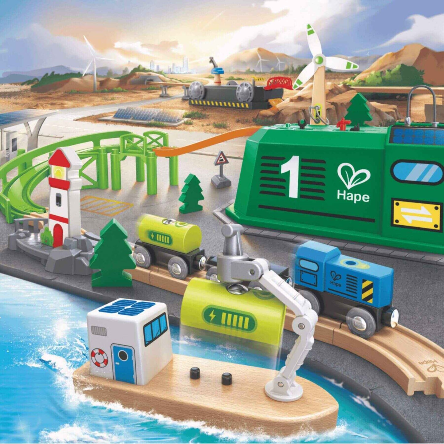 Toy train set with Hape branding on a scenic background