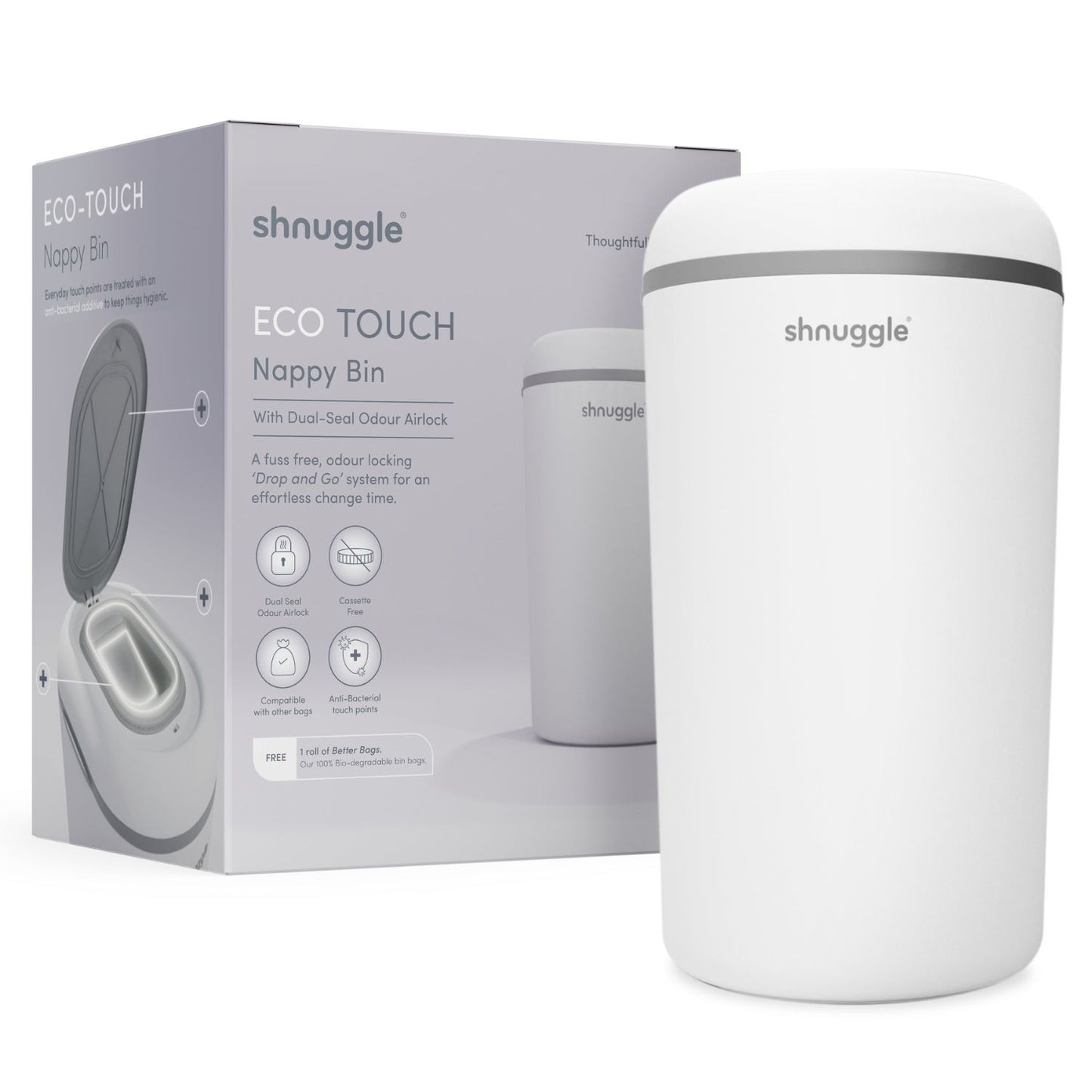 Shnuggle Eco Touch Nappy Bin with packaging on a white background
