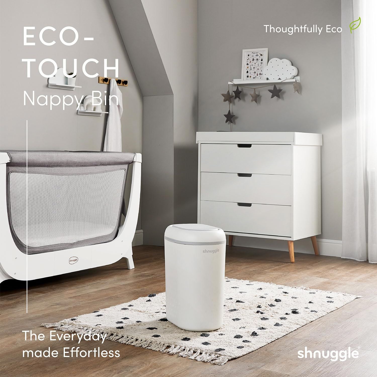 Eco-touch nappy bin in a nursery setting with 'shnuggle' branding.