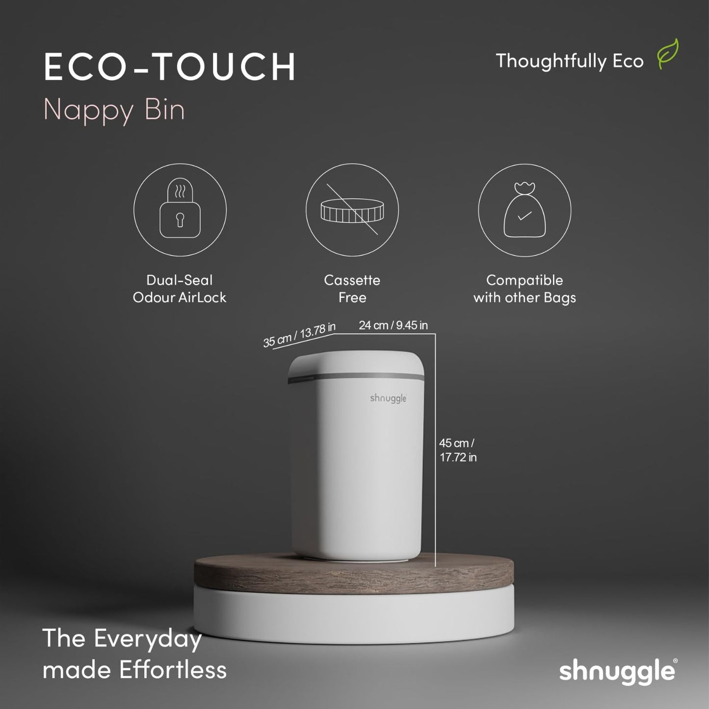 Shnuggle Eco-Touch Nappy Bin with features and dimensions on a dark background