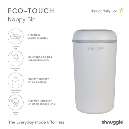 Shnuggle Eco-Touch Nappy Bin with features listed on a white background