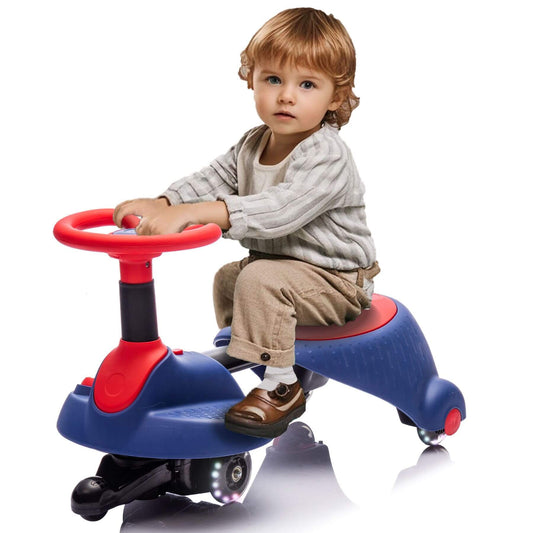 Child sitting on HIFINE 6V Kids Ride On Electric Wiggle Car - Red & Blue