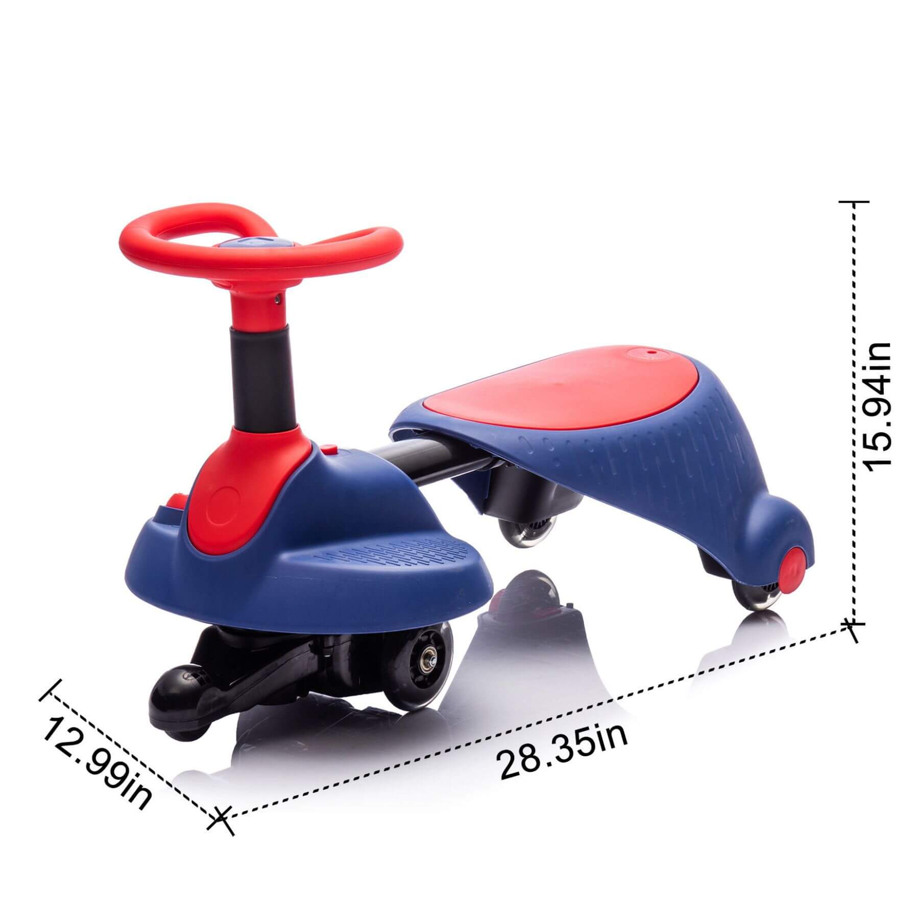 HIFINE 6V Kids Ride On Electric Wiggle Car - Red & Blue with dimensions on a white background