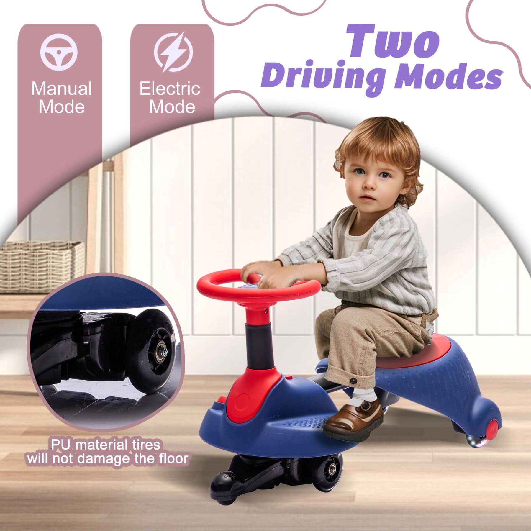 Child playing with HIFINE 6V Kids Ride On Electric Wiggle Car - Red & Blue that has manual and electric modes, with a focus on safety.