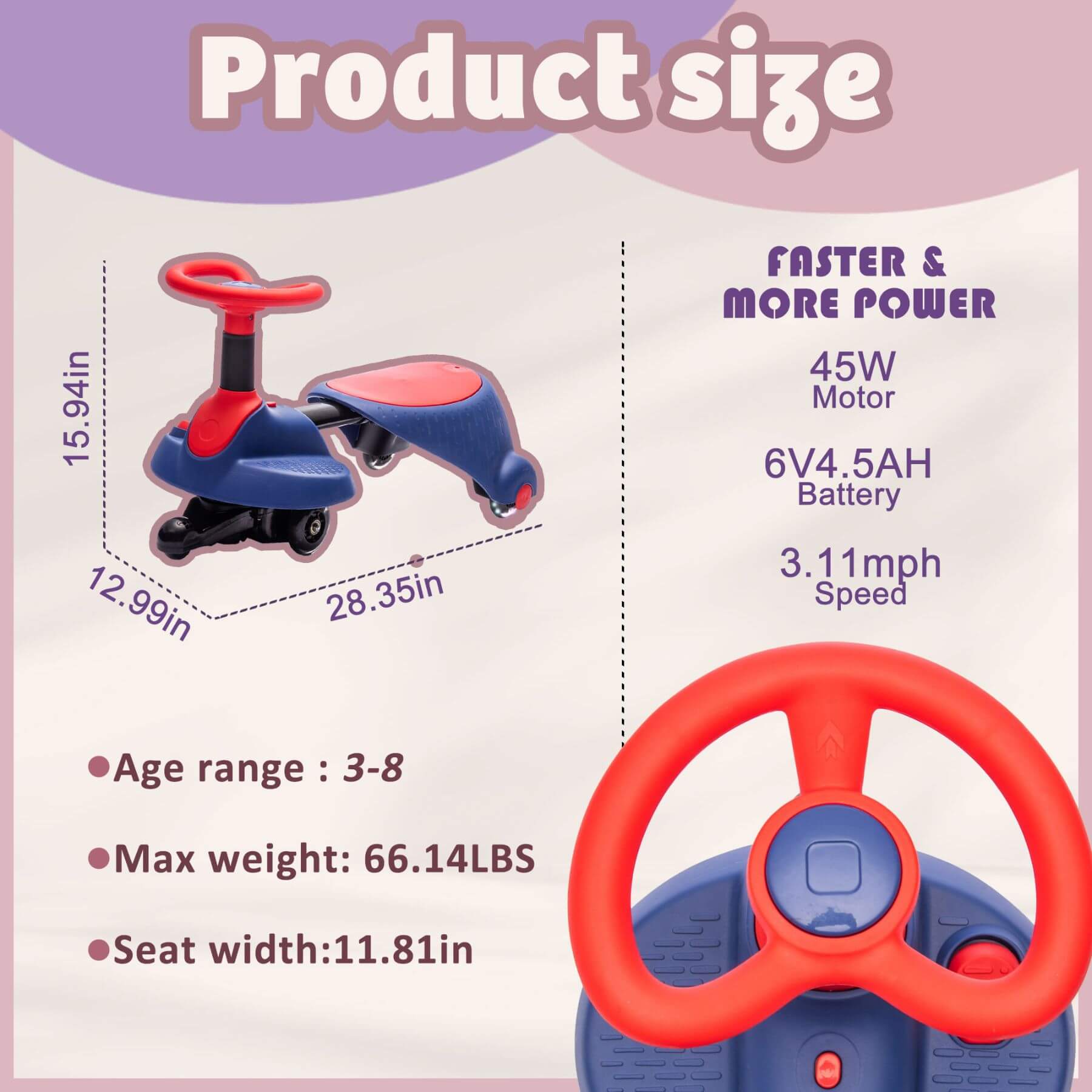 Product size chart with toy vehicle and steering wheel, showing specifications and dimensions.