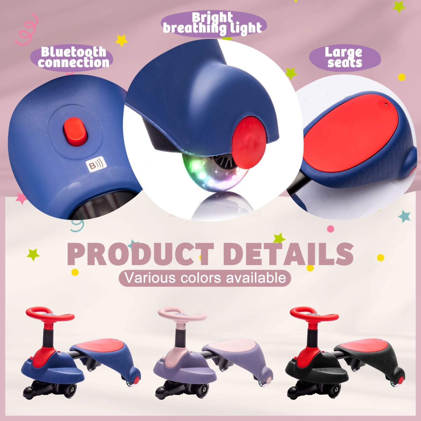 Children's toy scooter with Bluetooth connection, bright breathing light, and large seats on a pink background.