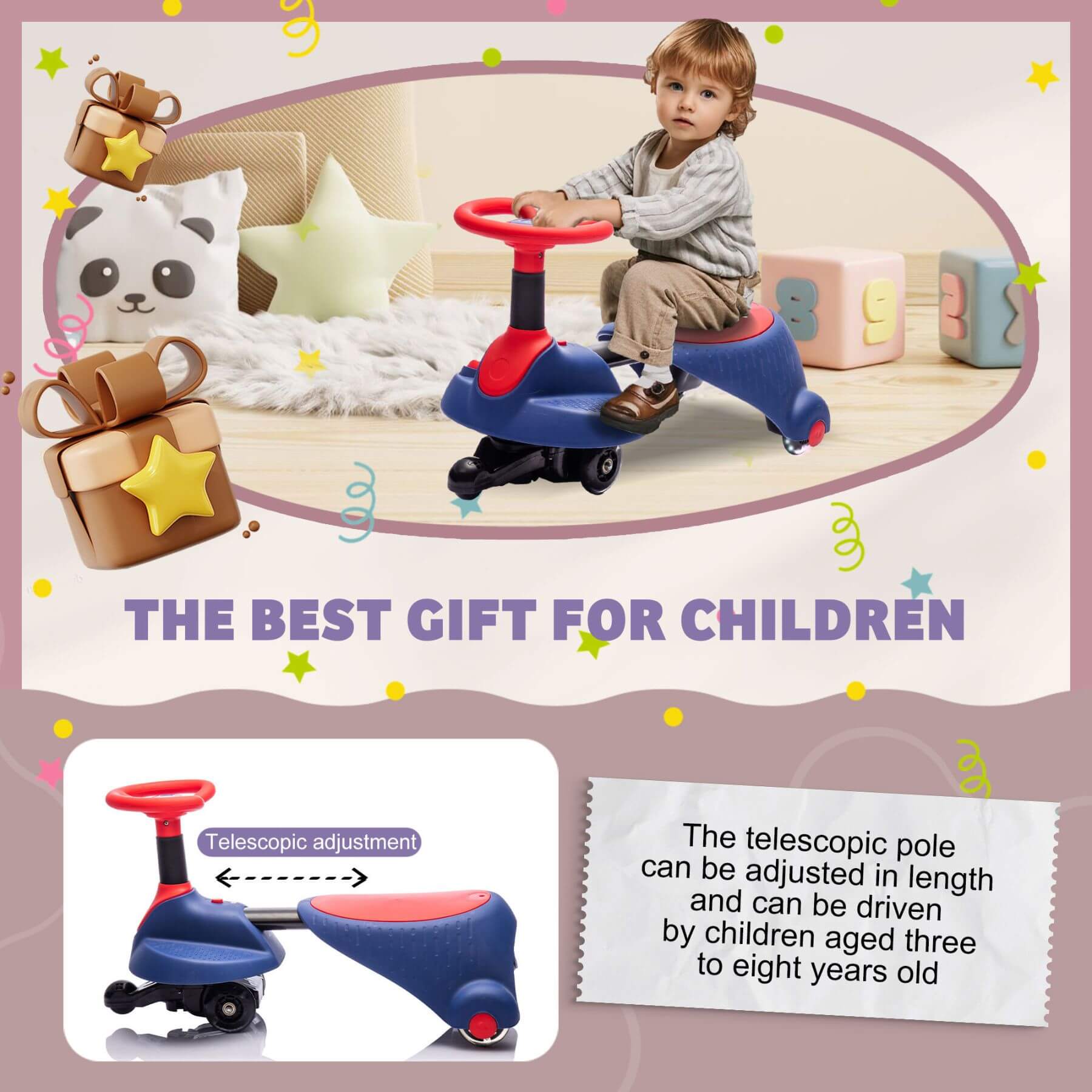 Child playing with HIFINE 6V Kids Ride On Electric Wiggle Car - Red & Blue in a room with decorative elements and text about it being the best gift for children.