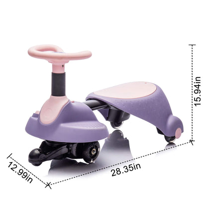 HIFINE 6V Kids Ride On Electric Wiggle Car - Purple with dimensions on a white background