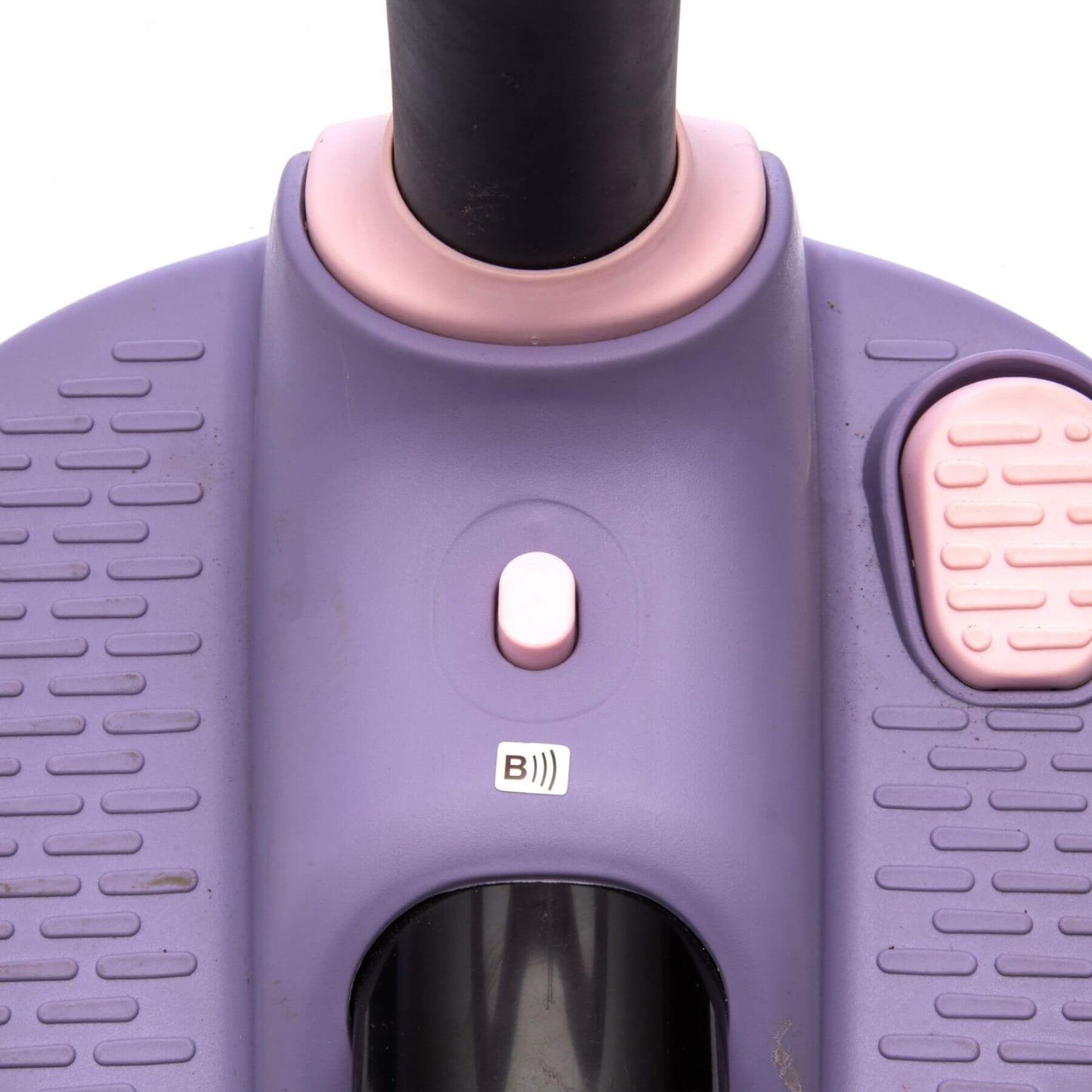 Close-up of a purple and pink scooter with a brand logo on a white background