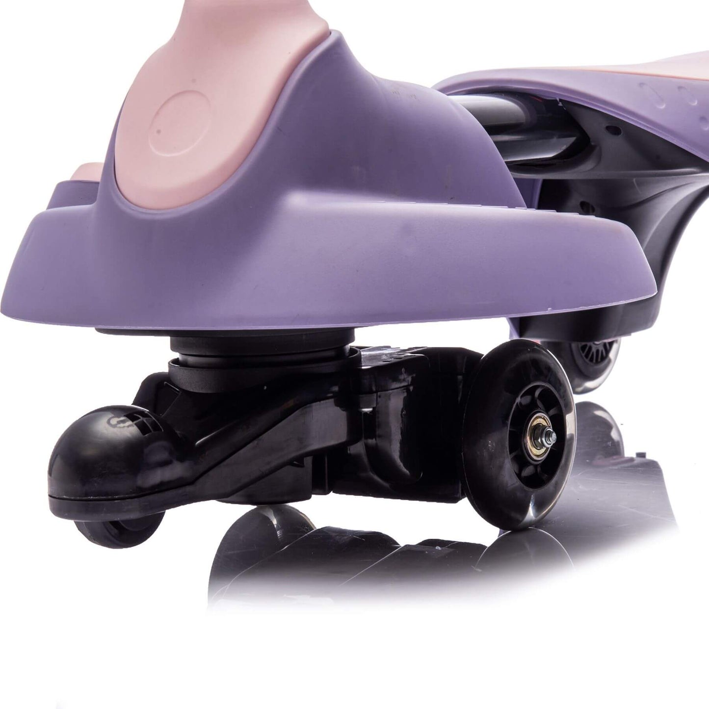 Close-up of a purple scooter with pink handlebar on a white background