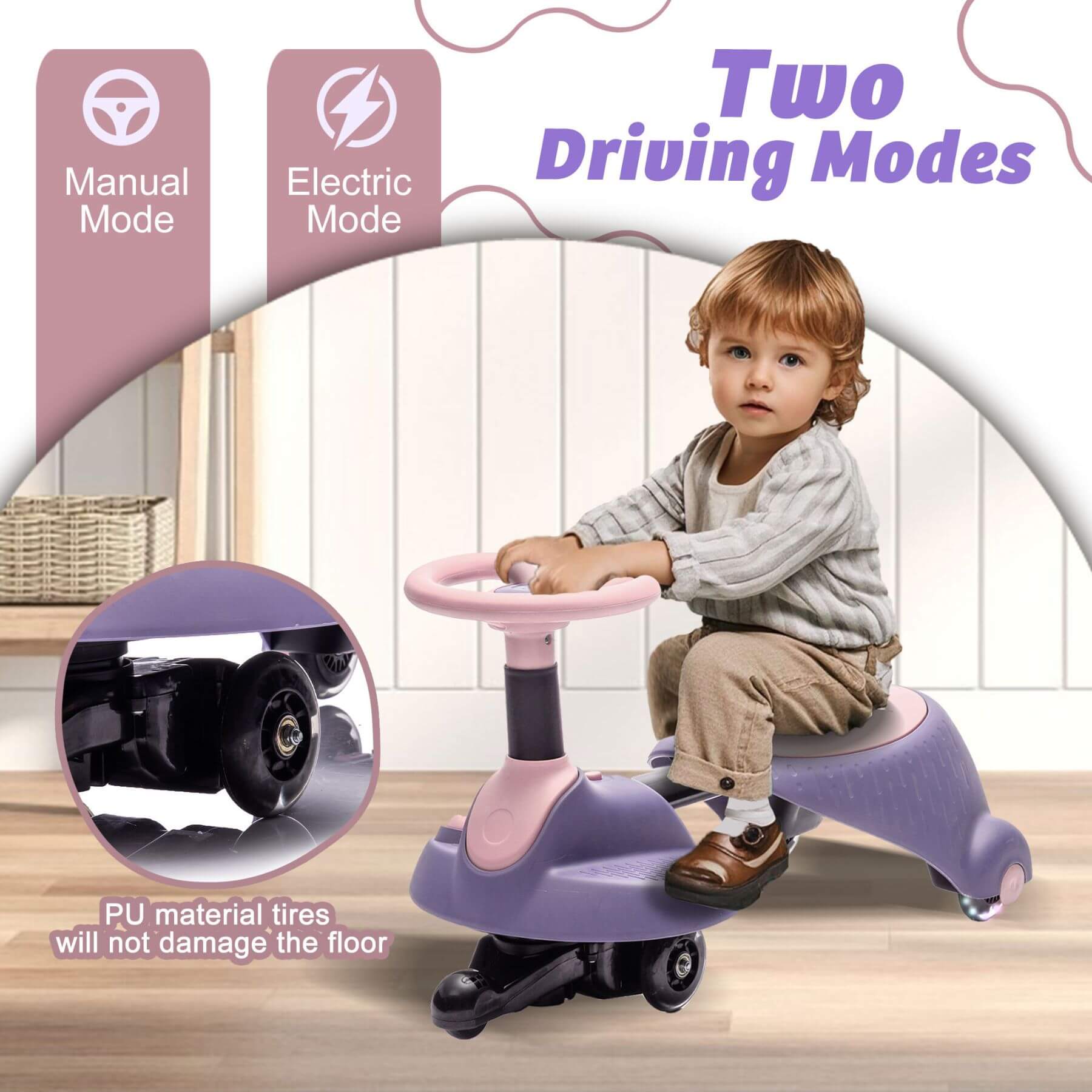 Child sitting on HIFINE 6V Kids Ride On Electric Wiggle Car - Purple with two driving modes indicated, indoors.