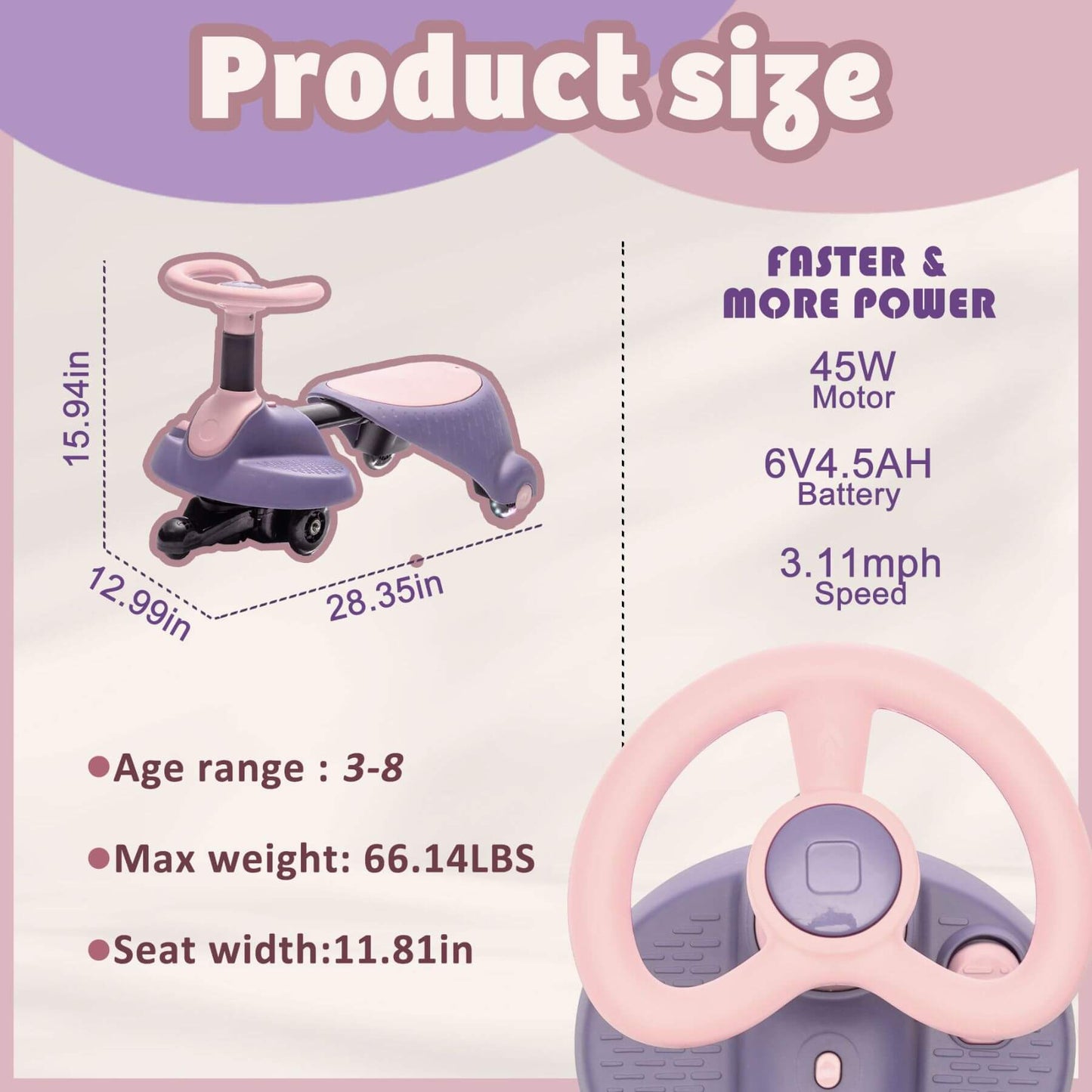 Product size chart with specifications of a toy car and scooter on a purple and white background.