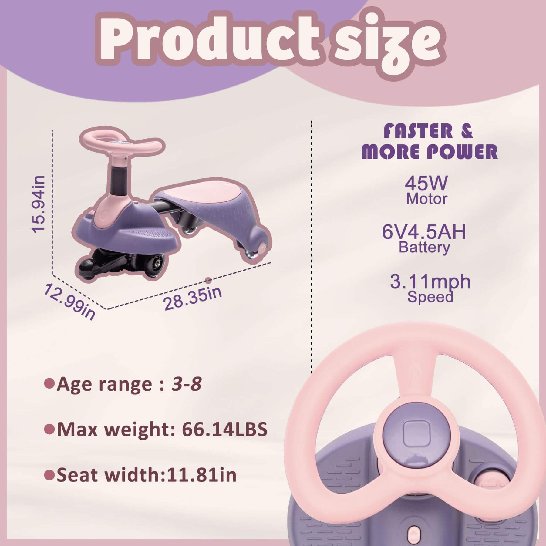 Product size chart with specifications of a toy car and scooter on a purple and white background.