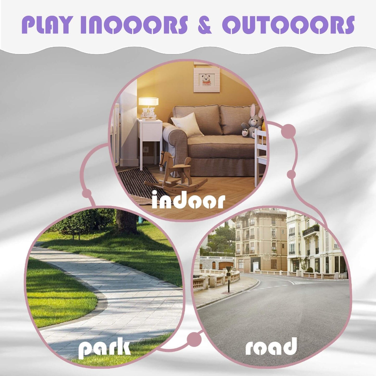 Promotional graphic with 'indoors & outdoors' text and images of a living room, park, and road.