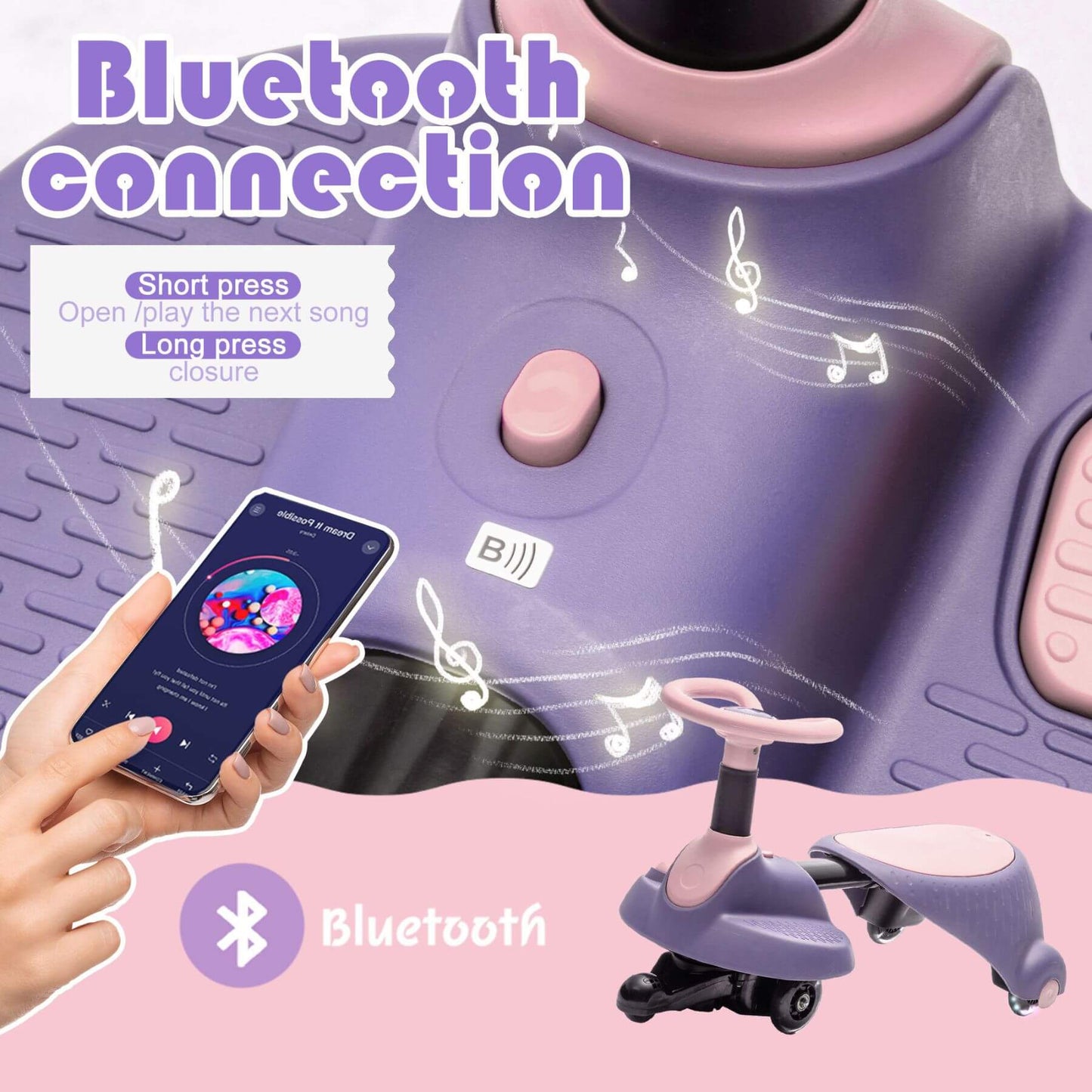 Purple toy scooter with Bluetooth connection features, smartphone app interface, and musical notes.