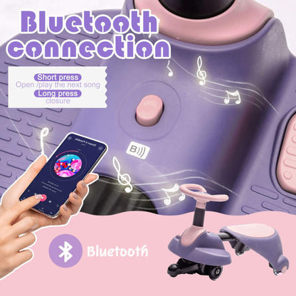 Purple toy scooter with Bluetooth connection features, smartphone app interface, and musical notes.