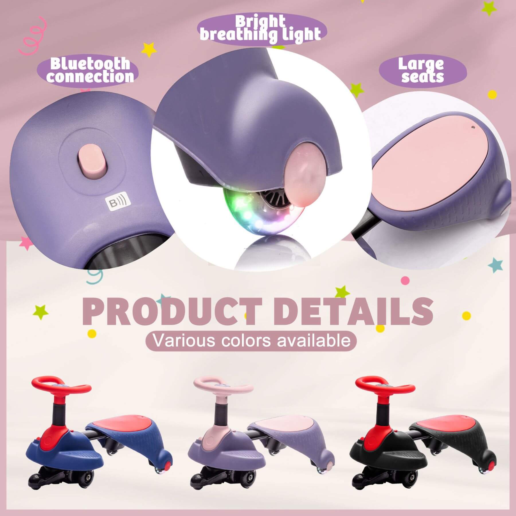 Children's toy scooter with Bluetooth connection, bright breathing light, and large seats on a pink background.