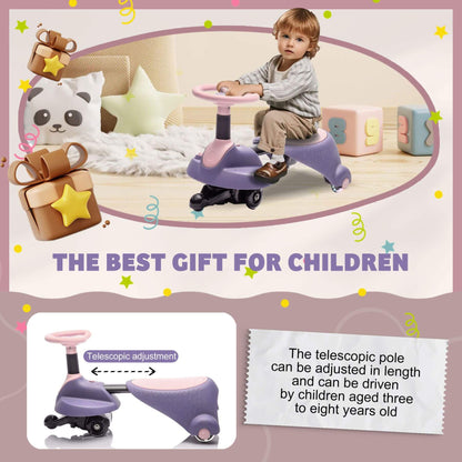 Child playing with HIFINE 6V Kids Ride On Electric Wiggle Car - Purple in a room with toys and decorations, with text 'The Best Gift for Children'.