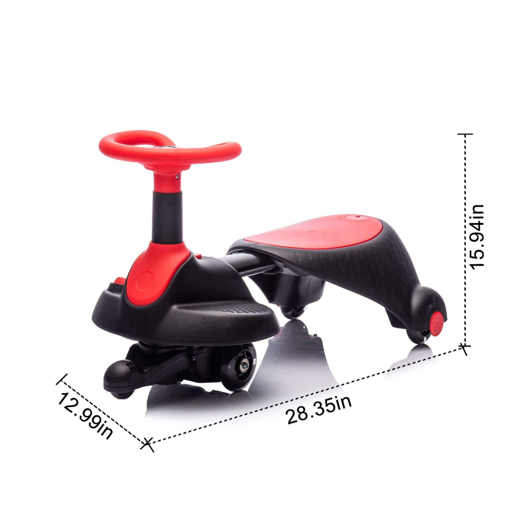 HIFINE 6V Kids Ride On Electric Wiggle Car - Red & Black with dimensions on a white background
