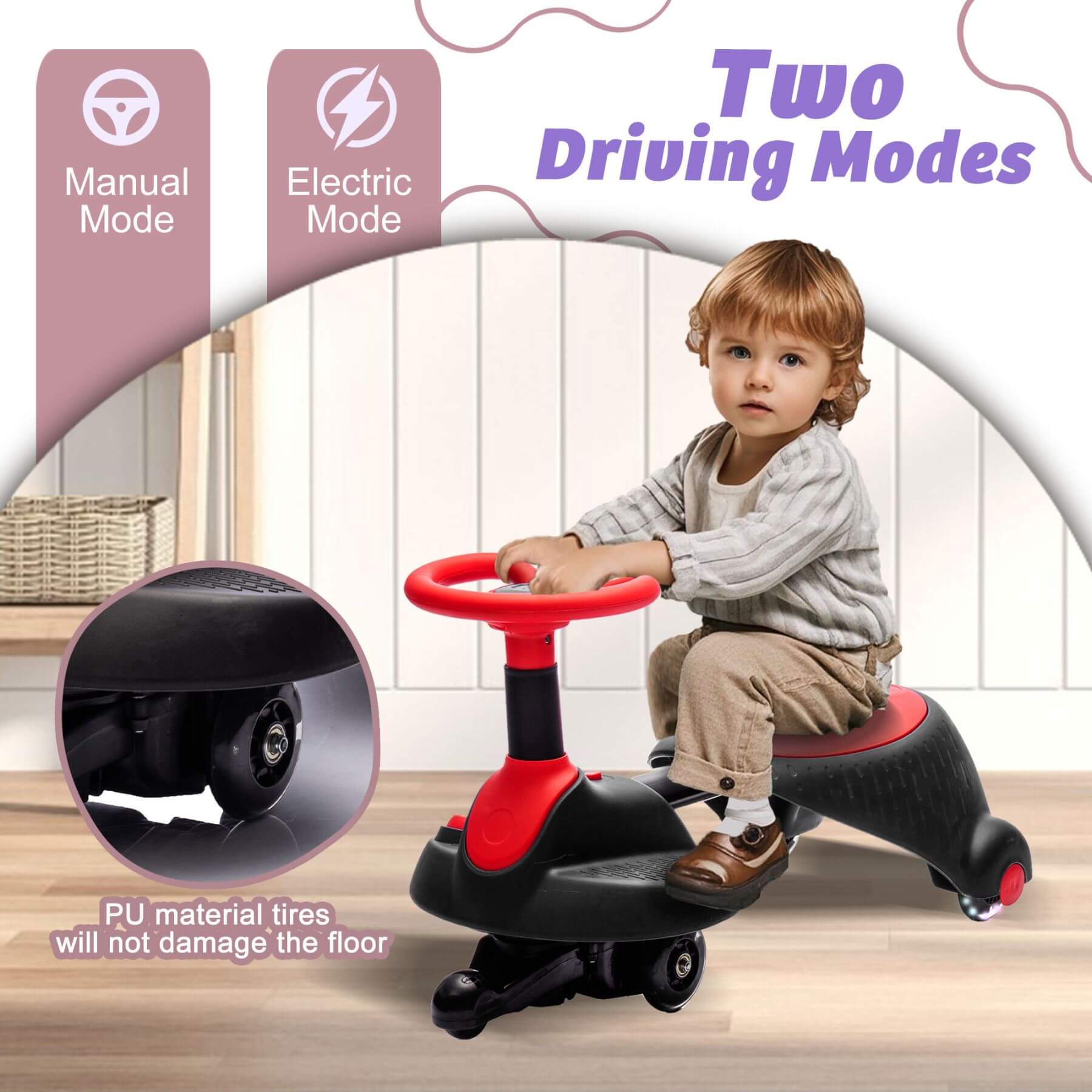 Child riding HIFINE 6V Kids Ride On Electric Wiggle Car - Red & Black, on a wooden floor.