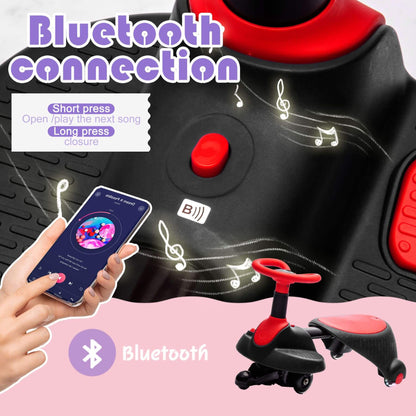 Toy scooter with Bluetooth connection features, smartphone app, and musical notes.