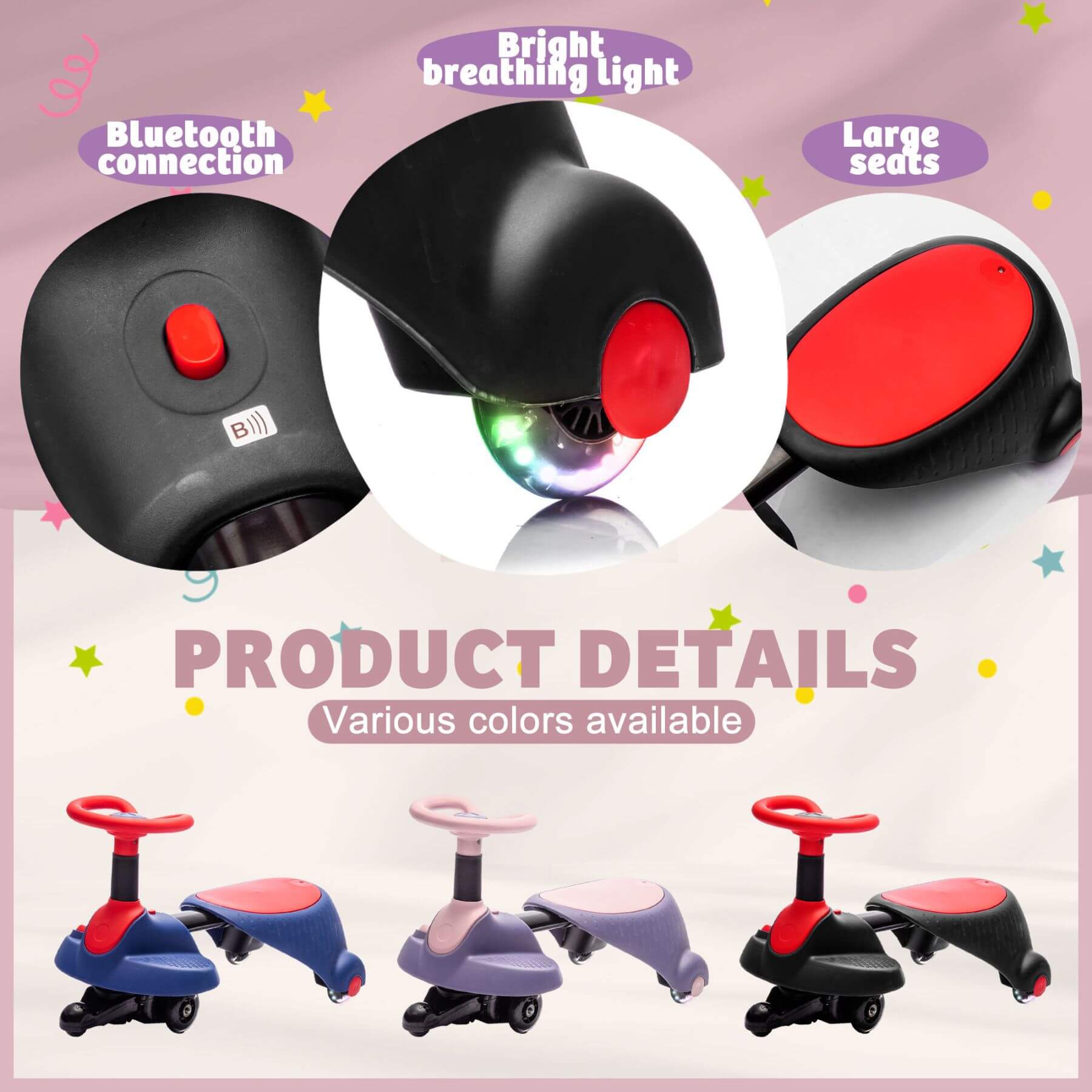 Children's toy scooter with Bluetooth connection, bright breathing light, and large seats on a pink background.