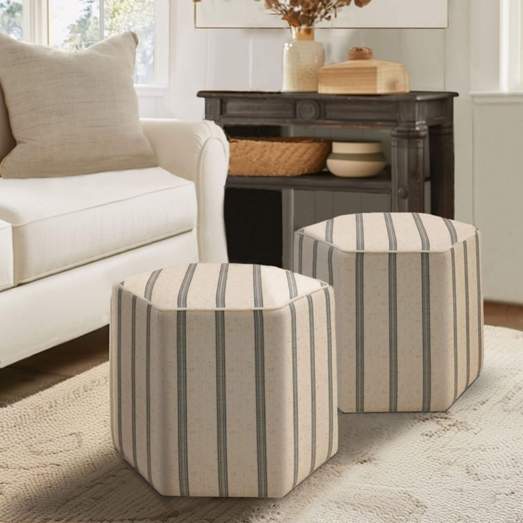 Two Martha Stewart Ellen Accent Ottoman in a living room setting with a sofa and side table.