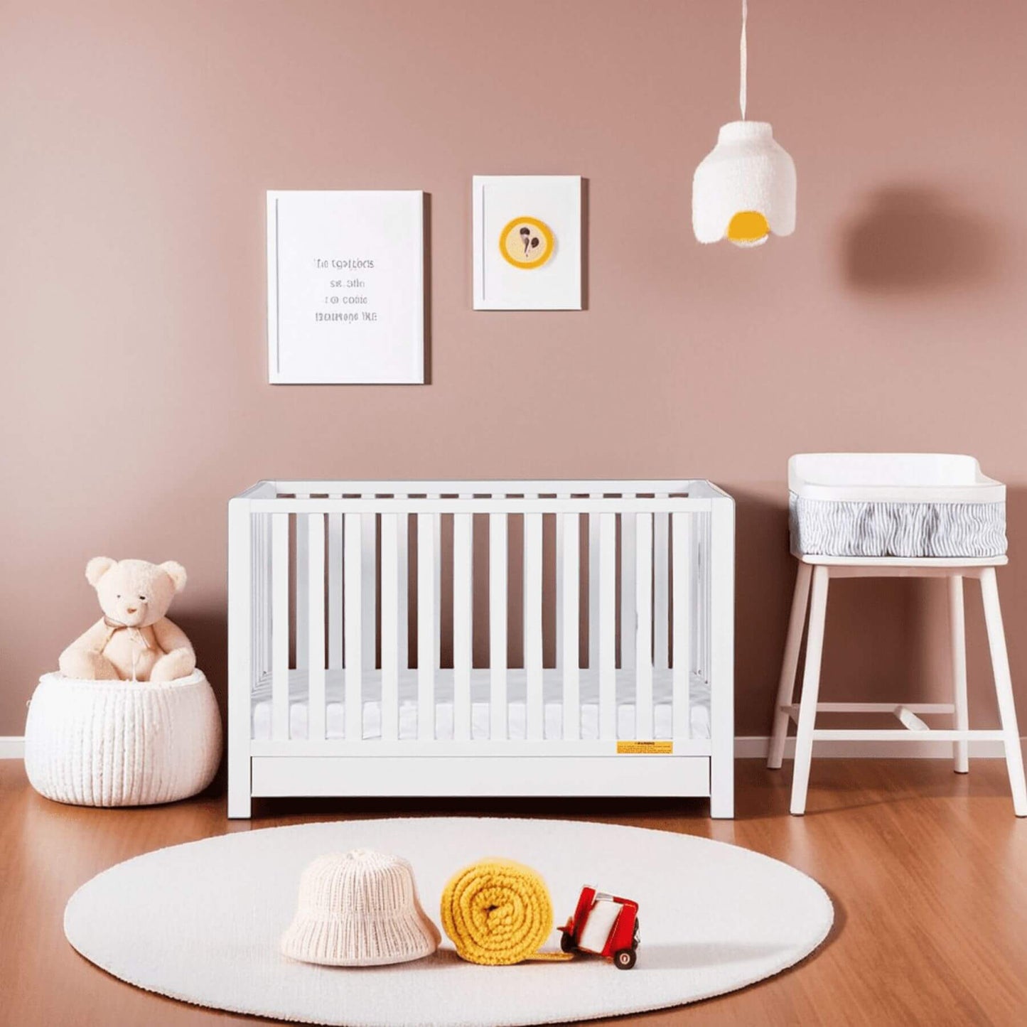 Nursery room with AFG Emma 4-in-1 Convertible Crib with Drawer - White, teddy bear, and toys on a wooden floor.