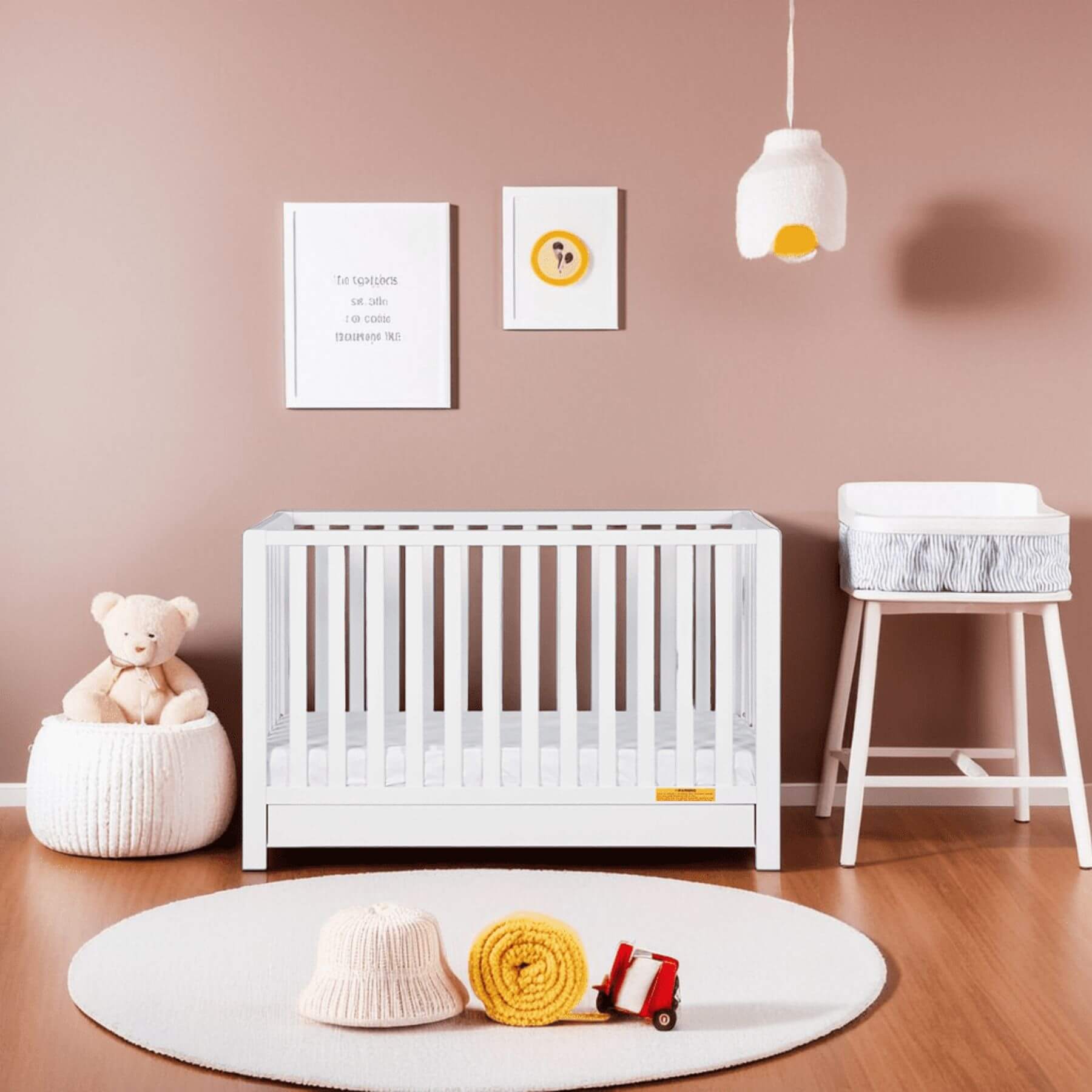 Nursery room with AFG Emma 4-in-1 Convertible Crib with Drawer - White, teddy bear, and toys on a wooden floor.