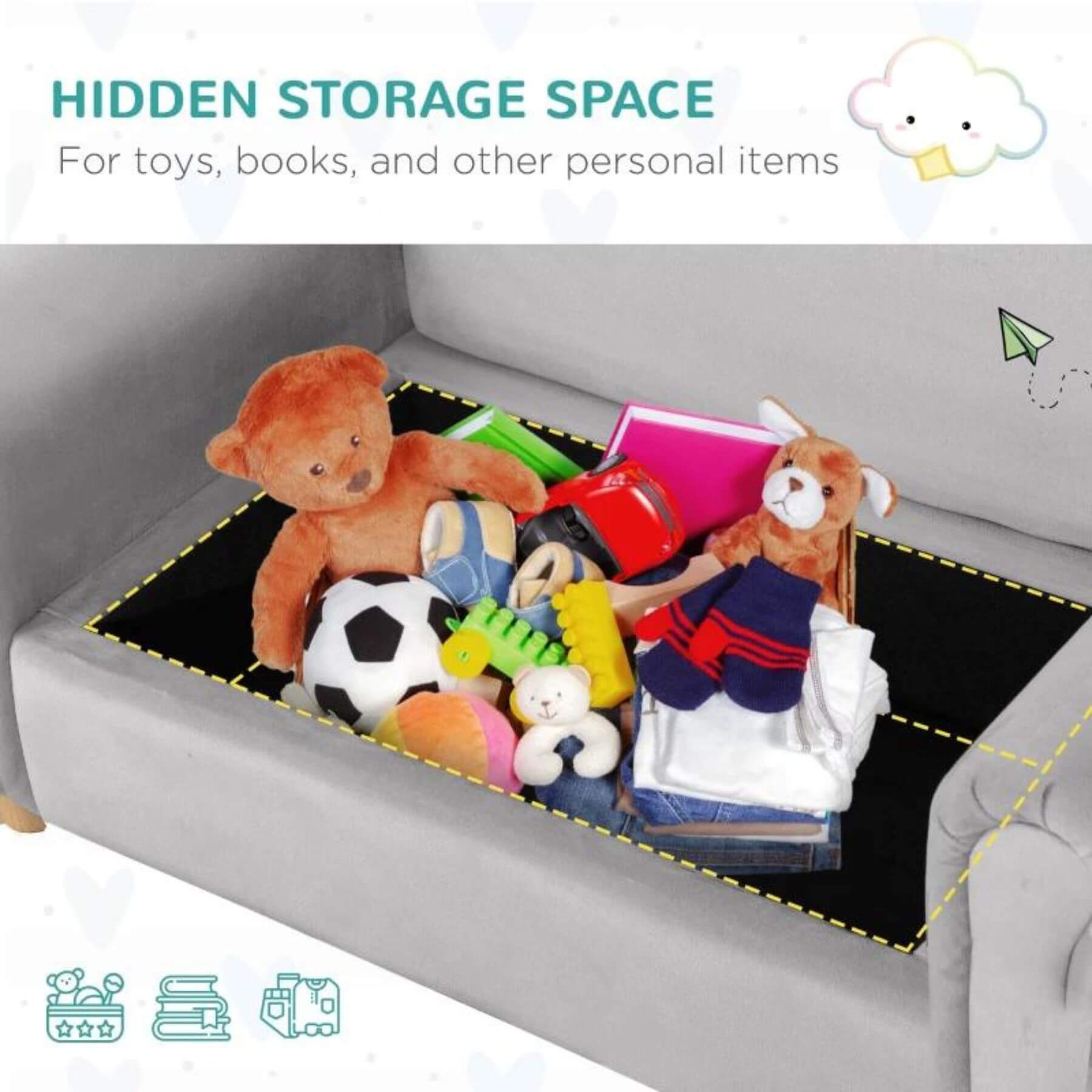 Detail of Qaba Ergonomic Foam Kids Sofa with Inner Toy Storage Chest Gray