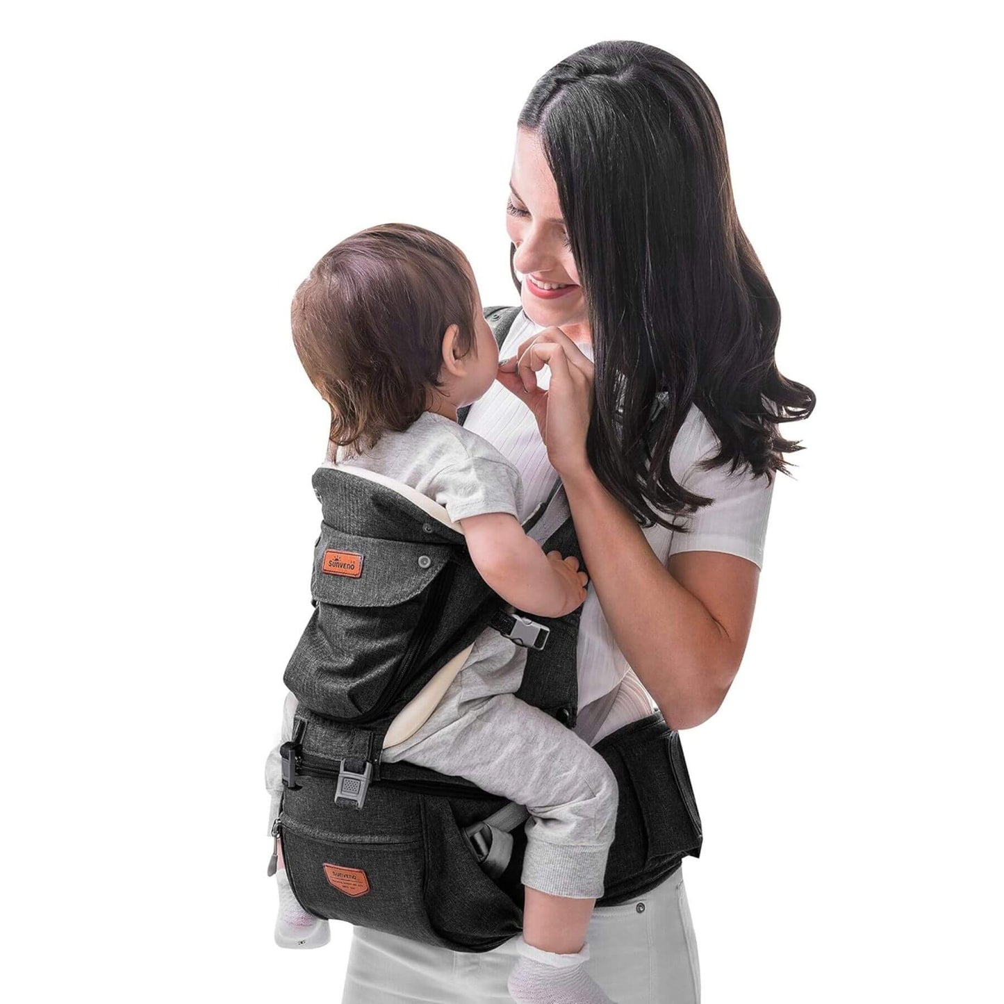 Mom carrying a baby with Sunveno Ergonomic Baby Carrier 3-in-1 Black