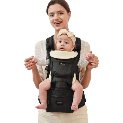 Mom carrying a baby with Sunveno Ergonomic Baby Carrier 3-in-1 Black