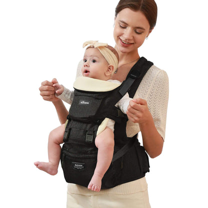 Woman carrying a baby with Sunveno Ergonomic Baby Carrier 3-in-1 Black